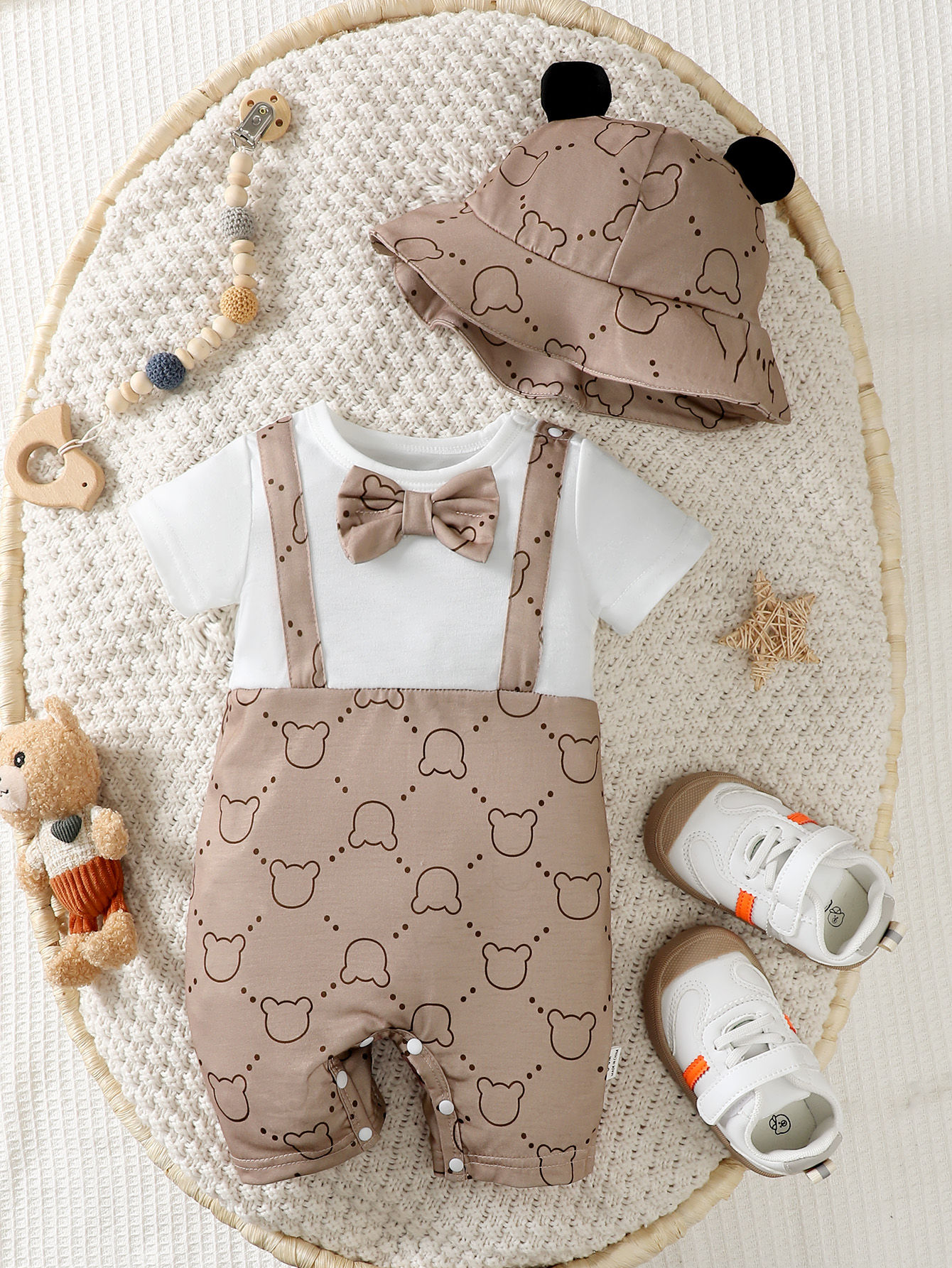 Summer Baby Boy Cartoon Suspenders Onesie with Fisherman Hat