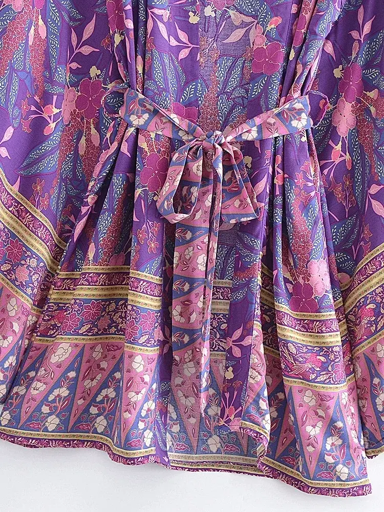 Thumbnail: Purple Floral Print Bohemian Short Robe Kimono Dress V-Neck Batwing
