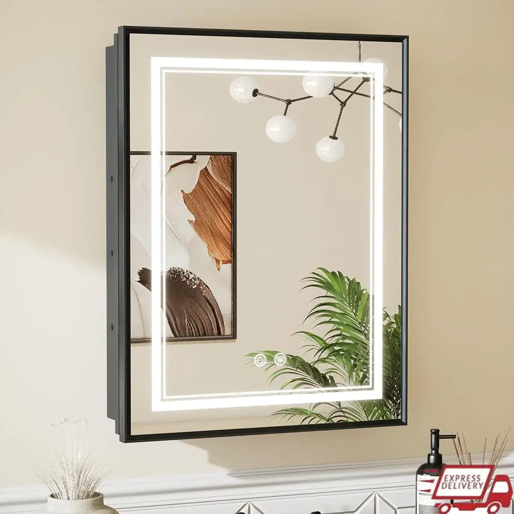 Black LED Bathroom Cabinet with Adjustable Lighting Anti Fog and Storage shelf