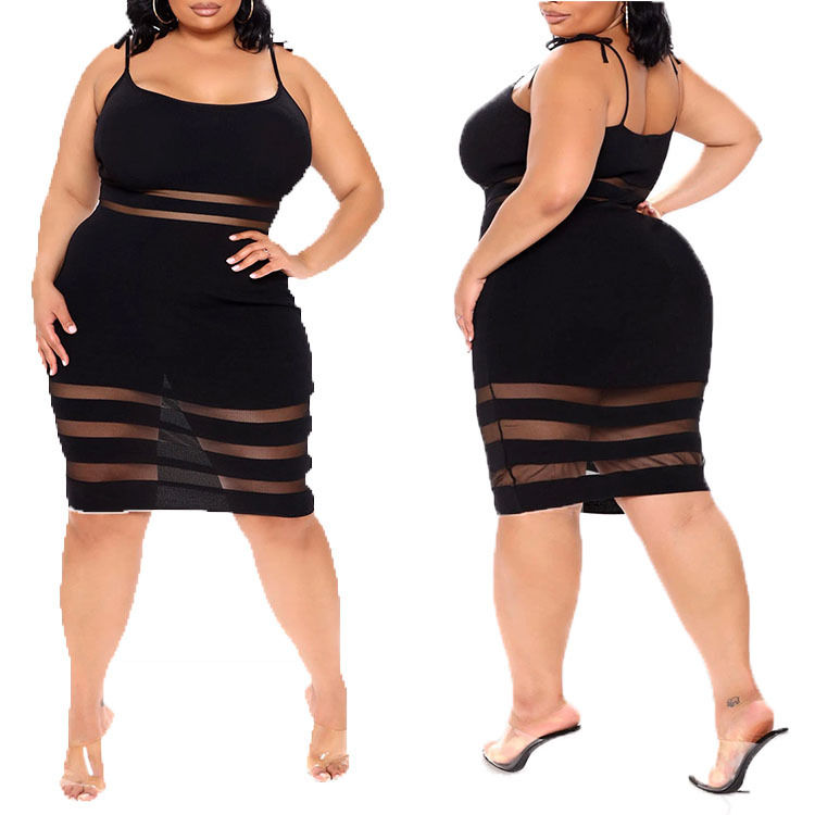 Thumbnail: Plus Size Striped Strap Dress – Mid Waist Black Summer Women Dress