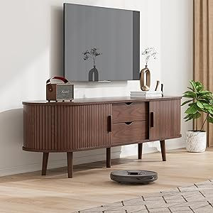 Thumbnail: 55” Mid Century TV Stand – Walnut Console with Sliding Doors & Drawers