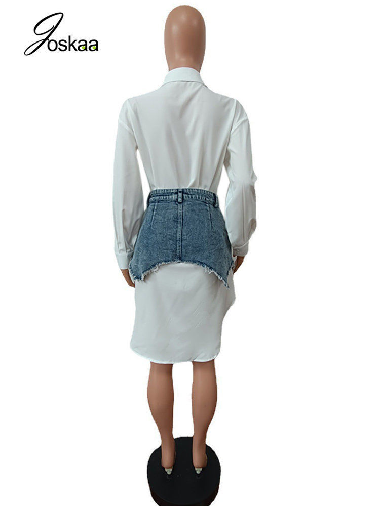 Thumbnail: Solid Lapel Long Sleeve Shirt Dress with Denim Skirt