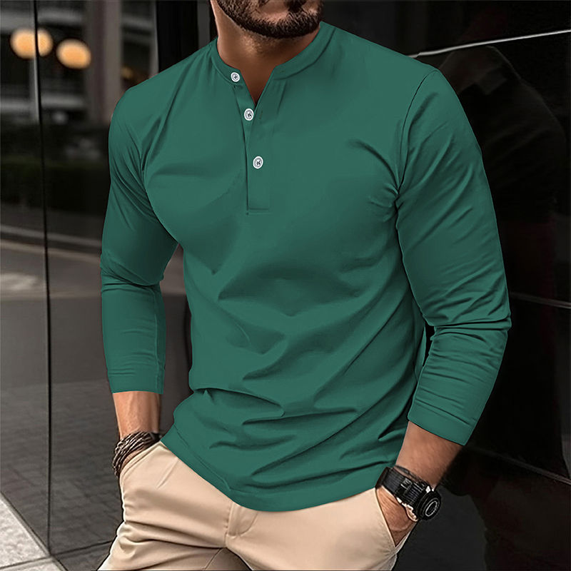 Thumbnail: Men’s Long‑Sleeve Henley Polo Shirt Breathable Casual Solid Top