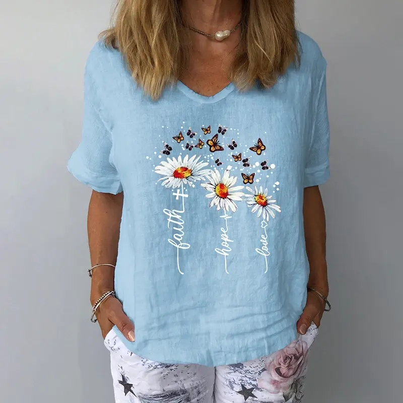 Thumbnail: Floral Print Linen Cotton Blouse V‑Neck Short Sleeve Casual Women's Top
