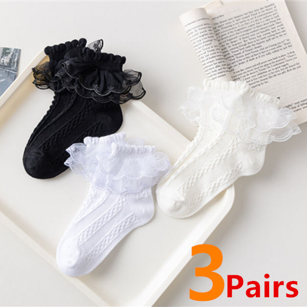 Thumbnail: 3 Pairs Girls Flower Mesh Socks Summer Cotton Short Dance Socks