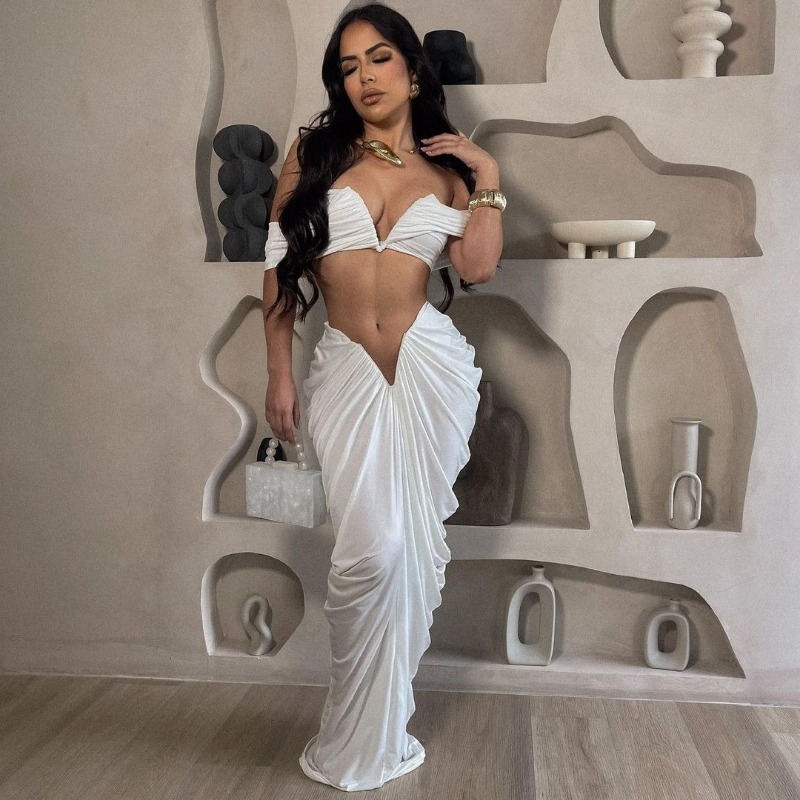 Thumbnail: Women V-Neck Ruched Two-Piece Maxi Dress Set