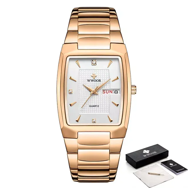 Thumbnail: WWOOR Square Men's Quartz Watch – Gold Stainless Steel with Calendar