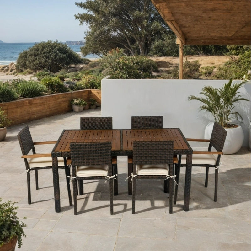Outdoor Wicker Dining Set – Acacia Wood Table with Cushioned Chairs