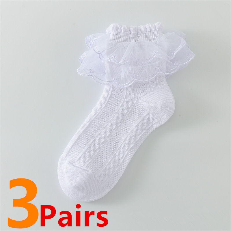 Thumbnail: 3 Pairs Girls Flower Mesh Socks Summer Cotton Short Dance Socks