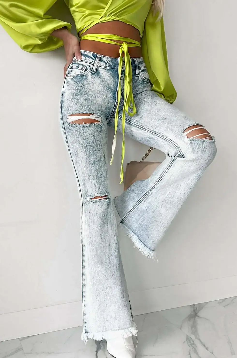 Thumbnail: Womens Deep Blue Flare Denim Pants with Wide Legs and Bleached Vintage Look