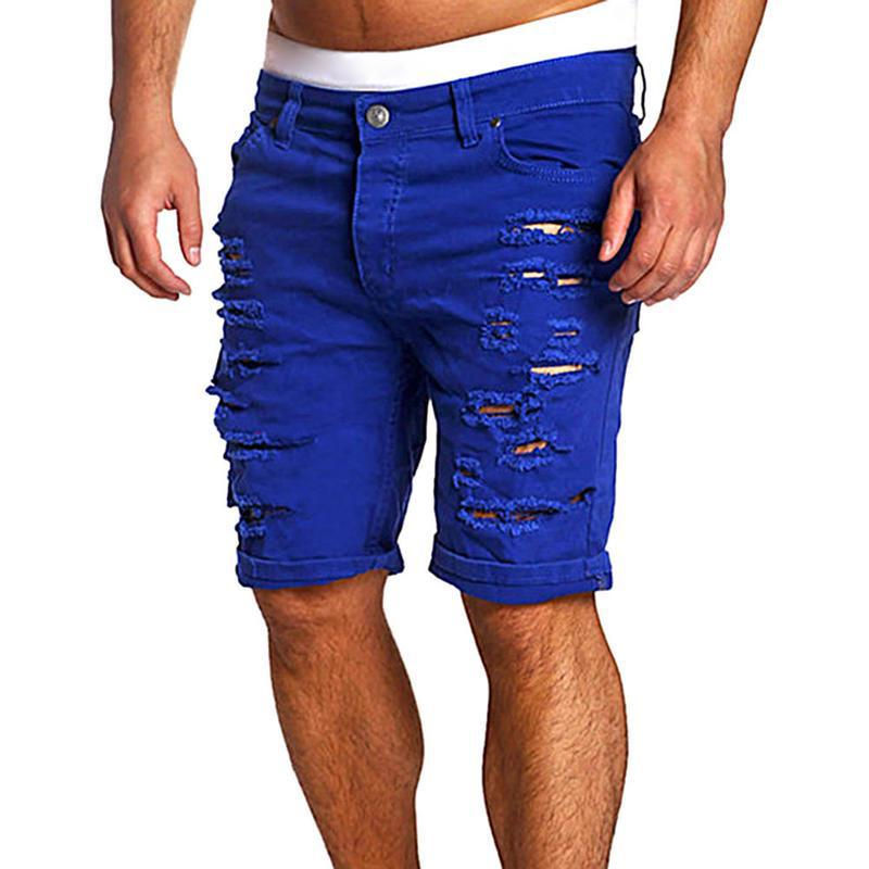 Thumbnail: Men’s Ripped Skinny Denim Shorts Casual Half Pants Blue Jeans for Summer