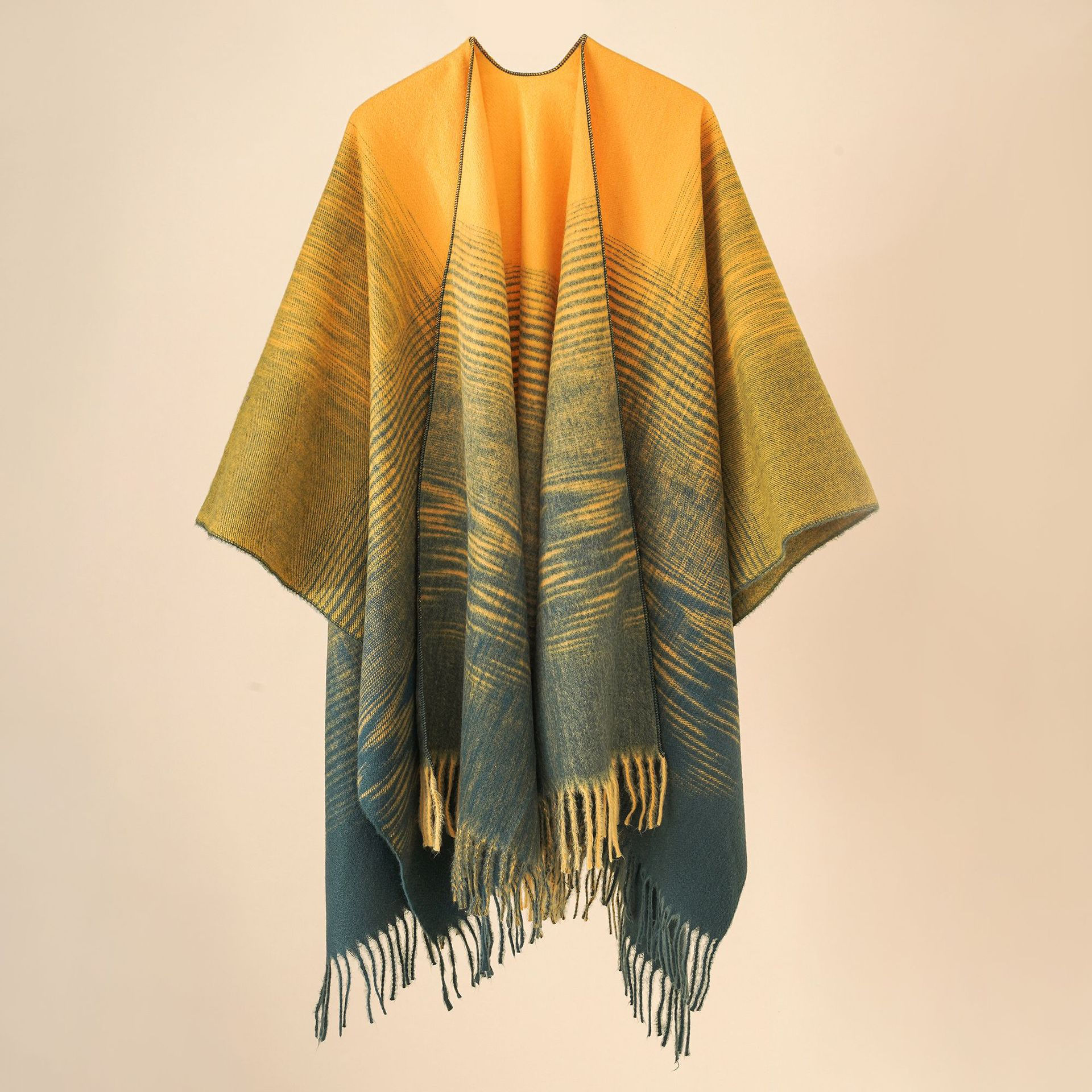 Women Imitation Cashmere Poncho Shawl with Gradual Tassels for Autumn Winter