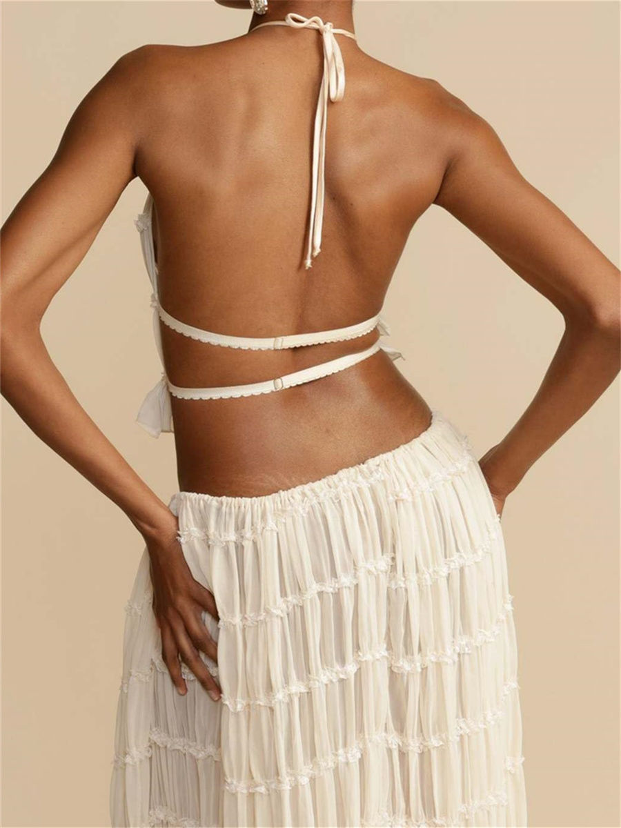 Thumbnail: Summer Two-Piece Set – Halter Neck Top & Ankle-Length Ruched Skirt