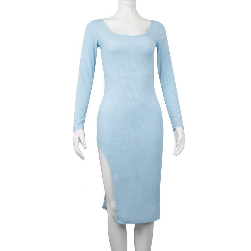 Thumbnail: Knit Bodycon Maxi Dress Long Sleeve Slit Elegant Night