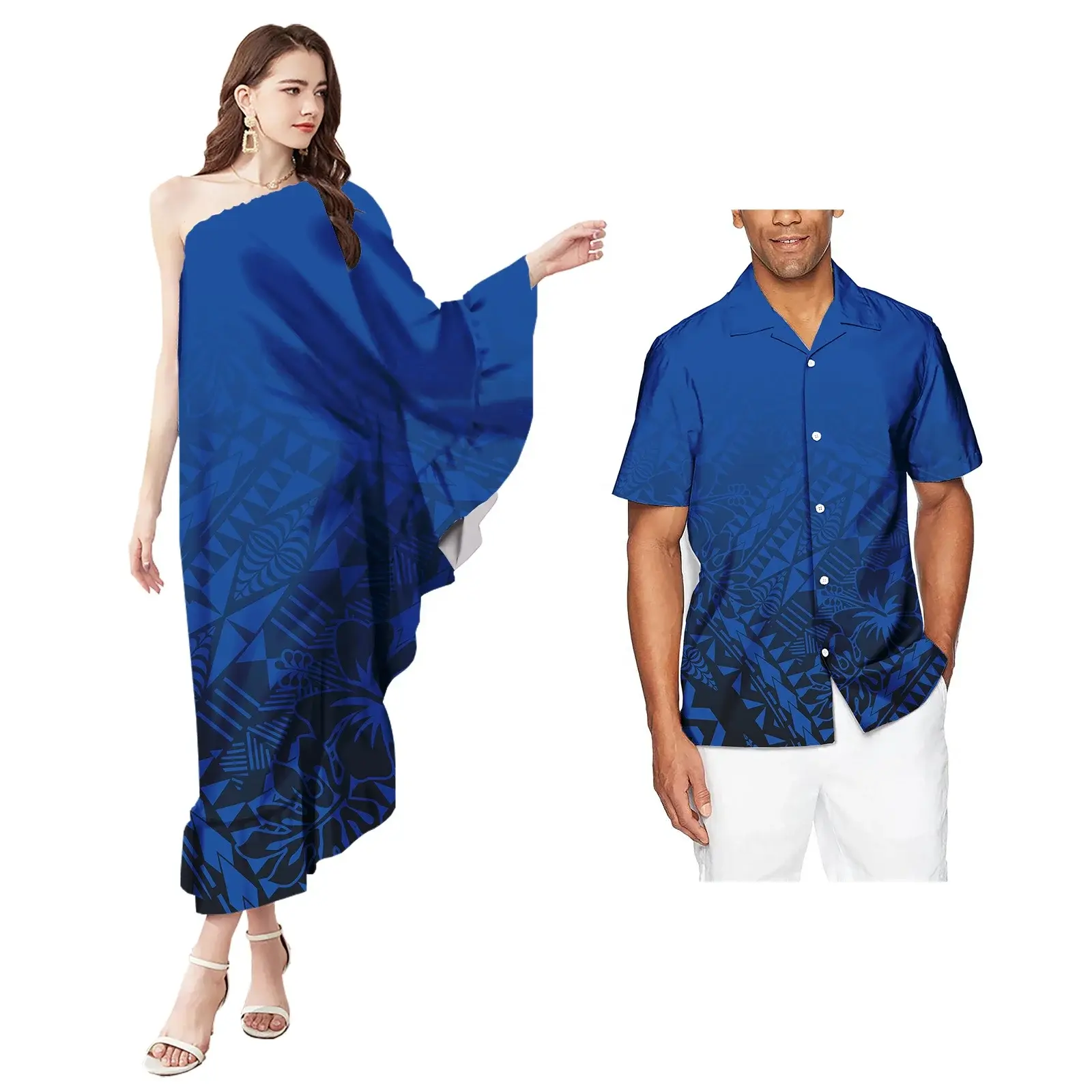 Printed Off Shoulder Plus Size Dress & Aloha Shirt Couple Matching Set