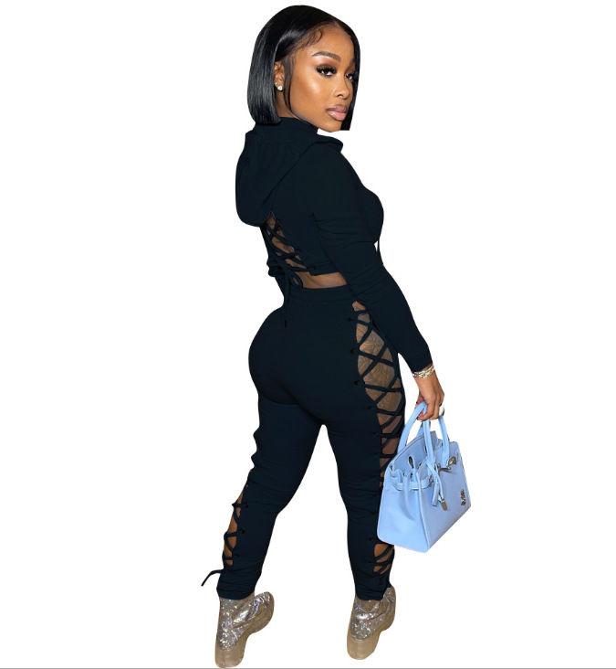 Thumbnail: Women’s Fall Hollow-Out Lace-Up Two-Piece Sweat Suit Hoodie & Joggers Set