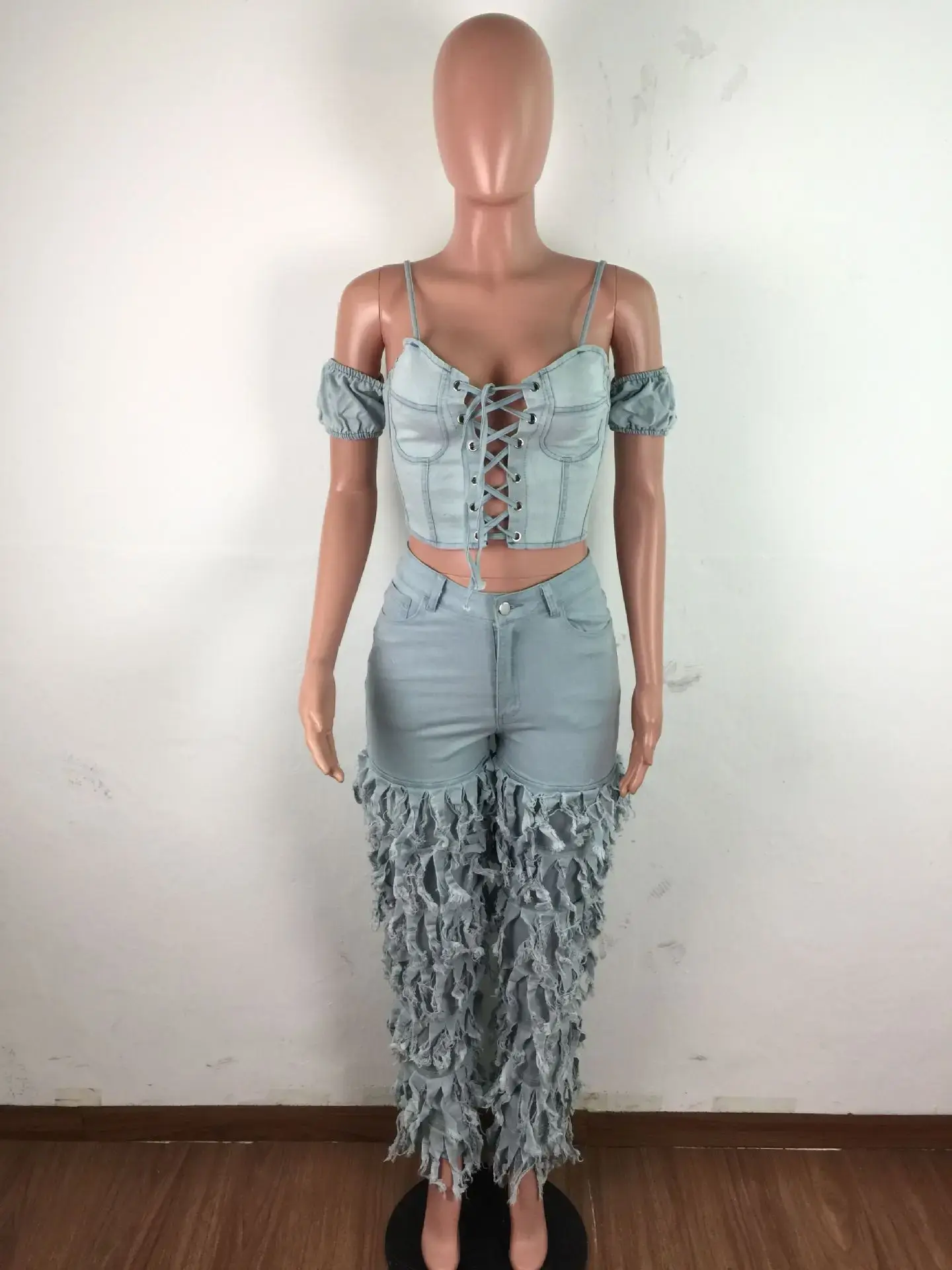 Women's High Waist Stacked Denim Jeans – Tassel Layered Pants
