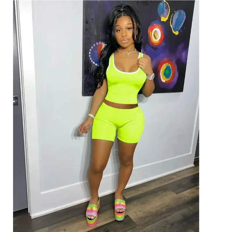 Thumbnail: Solid Color Tank Top & Shorts Set – Square Neck Slim Fit Summer Two-Piece Outfit