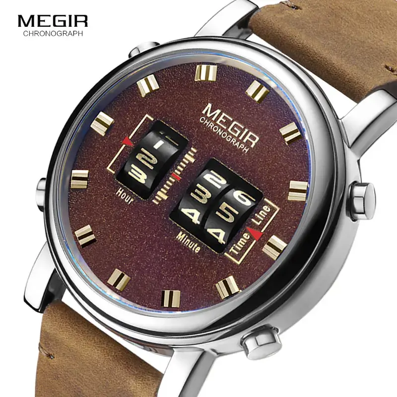 Thumbnail: Military Sport Brown Leather Quartz Men Wrist Watch Waterproof Multifunction