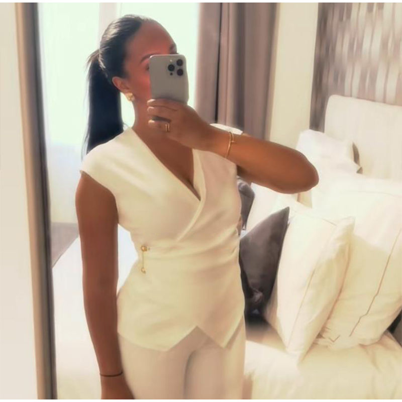 Thumbnail: Womens Deep V Neck Sleeveless Button Top and Wide Leg Pants Set