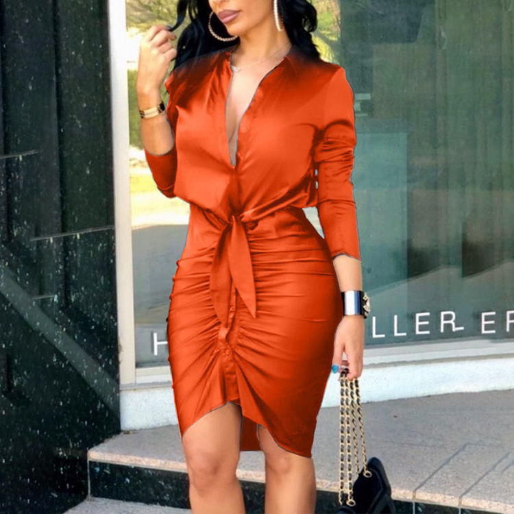 Thumbnail: Women V Neck Bodycon Shirt Dress Elegant Party Office Fall Slim Fit Midi Dress