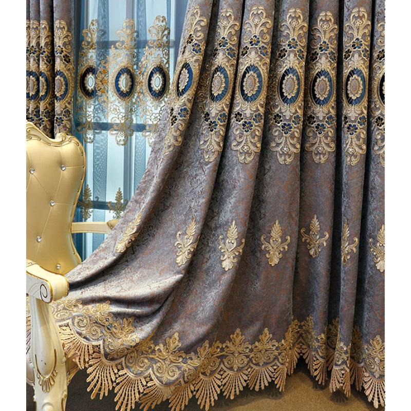 Thumbnail: European Embroidered Blue Luxury Blackout Curtains for Living Room & Bedroom