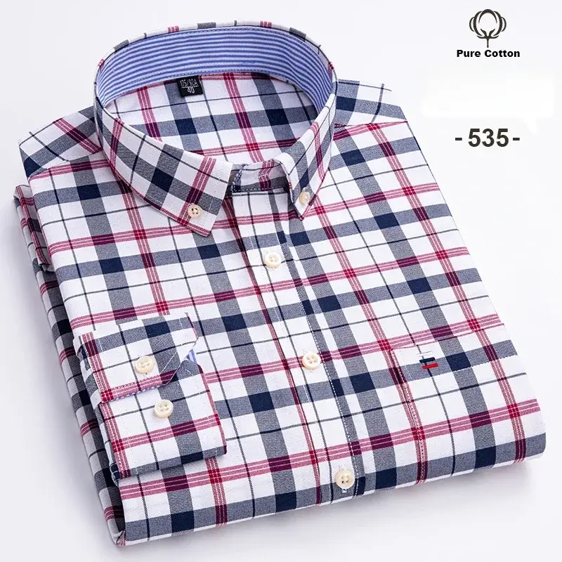Thumbnail: Men’s Oversized Oxford Shirt – 100% Cotton Plaid, Slim Fit, Long Sleeve