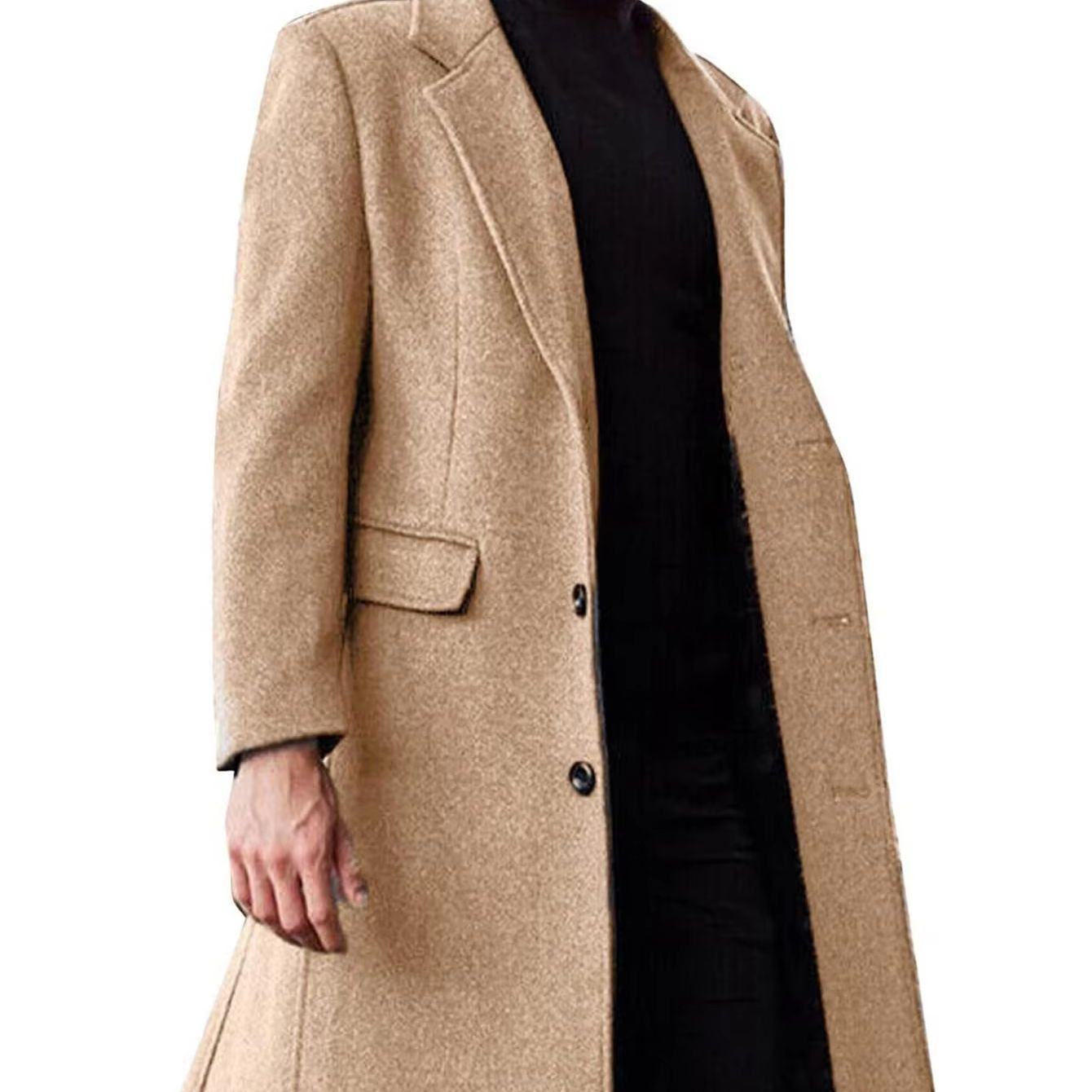 Mens Long Wool Blend Trench Coat Classic British Style Autumn Winter