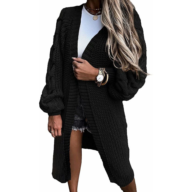 Thumbnail: Women’s Fall Winter Solid Color Lantern Sleeve Knitted Twist Cardigan Sweater