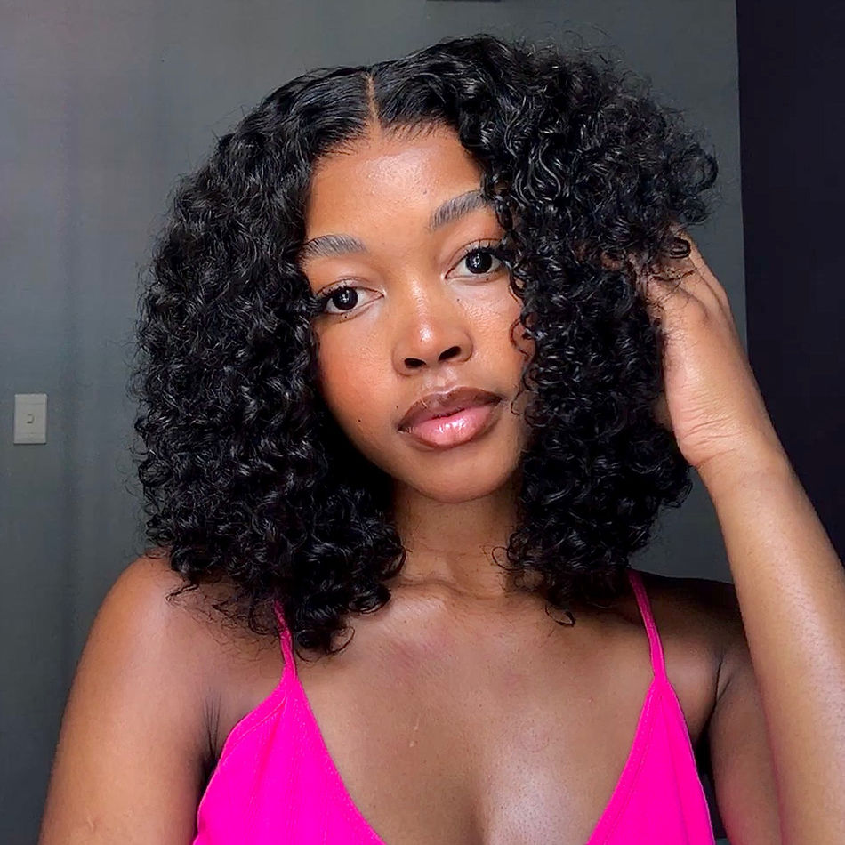 Thumbnail: 14” Water Curly Bob Wig–Brazilian Human Hair, 13x4/13x6 Transparent Lace Frontal