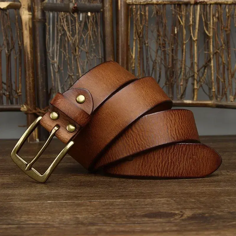 Thumbnail: MCDV Genuine Leather Cowhide Belt for Men – 3.8cm Copper Buckle