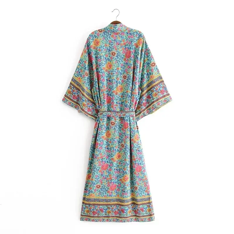 Thumbnail: Boho Green Floral Kimono Maxi Dress with V-Neck and Batwing Sleeves for Women