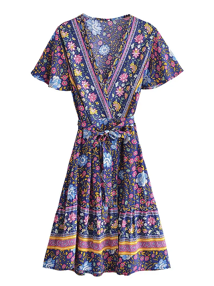 Thumbnail: Bohemian Floral Print Mini Dress with V Neck and Short Sleeves for Women