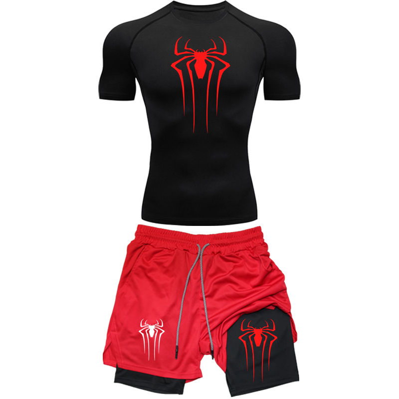 Thumbnail: Men’s Y2K Spider Print Compression Set – Quick-Dry Gym T-Shirt for Summer