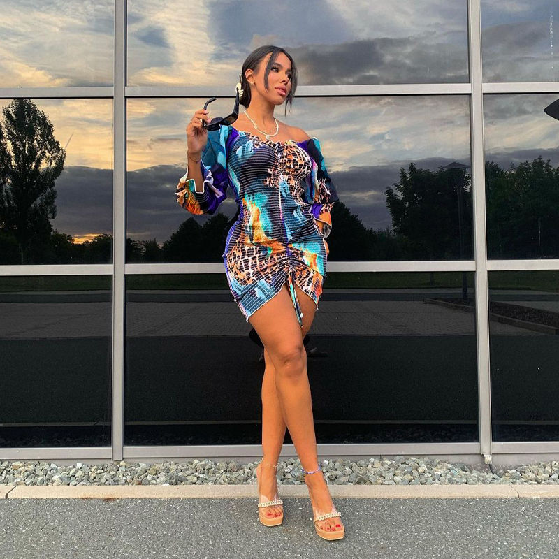 Thumbnail: Leopard Puff Sleeve Dress Women Sexy Splicing Fall Skirt Dress