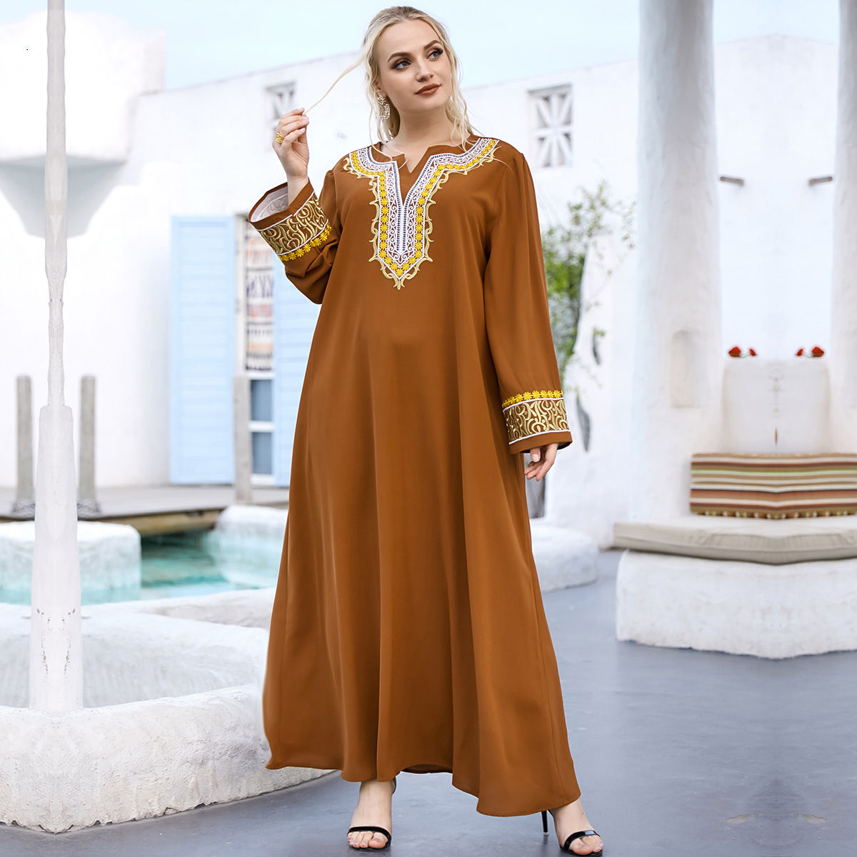 Islamic Muslim Abaya Embroidered Maxi Dress Loose Plus Size
