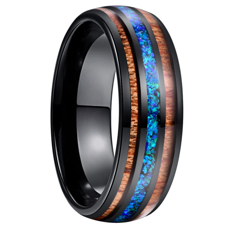 Men’s Black Stainless Steel Ring with Blue Opal & Koa Wood Inlay