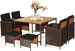 9-Piece Rattan Patio Dining Set with Glass Table & Ottoman