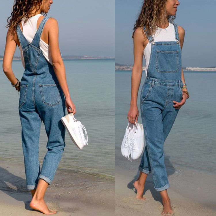 Thumbnail: High Waist Distressed Blue Wash Denim Overalls Romper