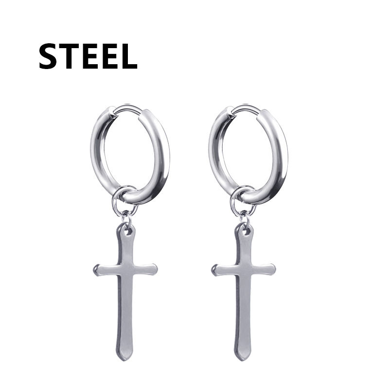 Thumbnail: Punk Gothic Stainless Steel Cross Drop Earrings