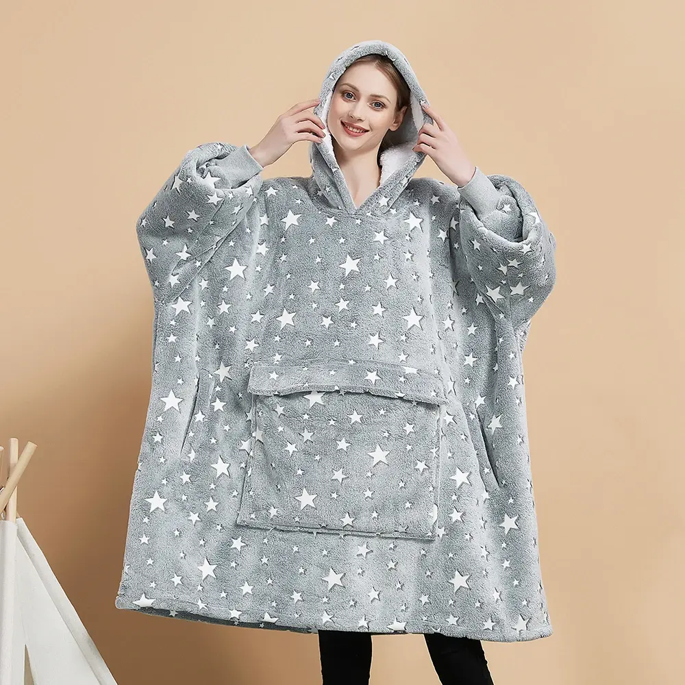 Oversized Glow in the Dark Sherpa Hoodie Blanket for Adults