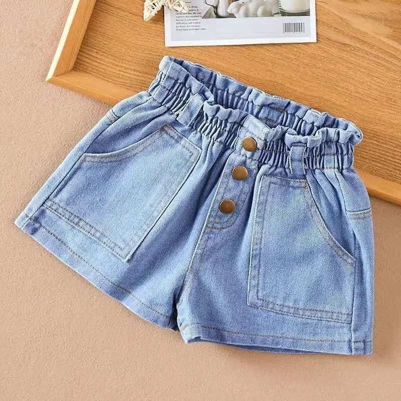 Thumbnail: Girls Summer Denim Shorts – Floral Print, Loose Fit, Elastic Waist