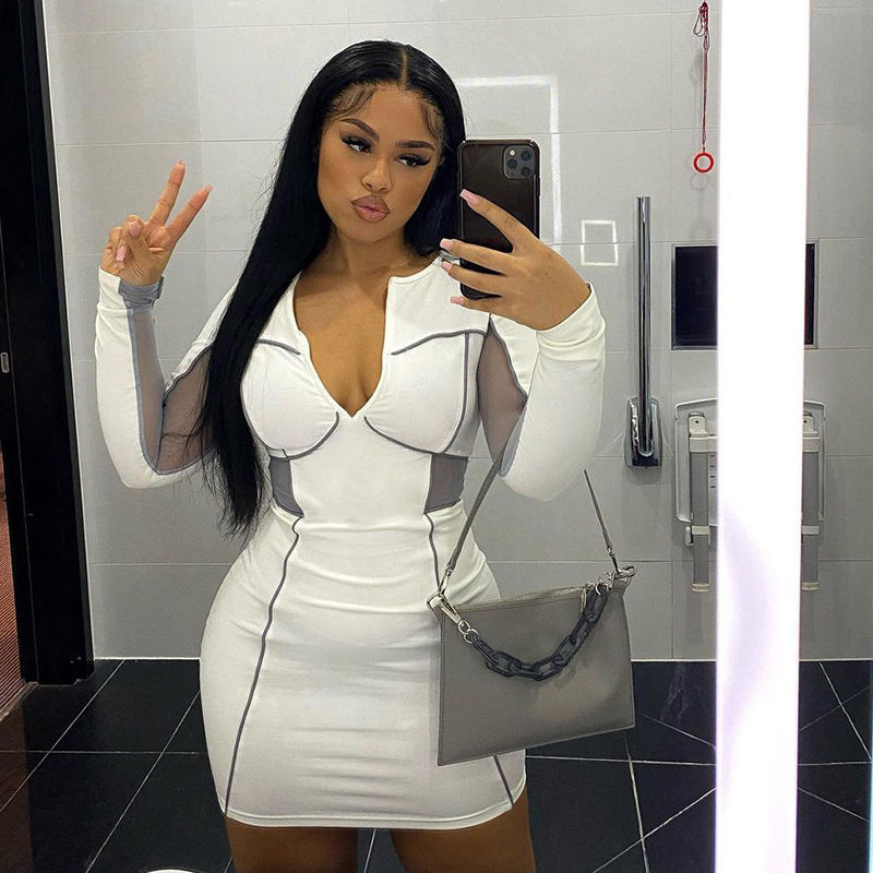 Thumbnail: Long Sleeve Summer Dress Patchwork Contrast Mesh Outfits Women Mesh Dress