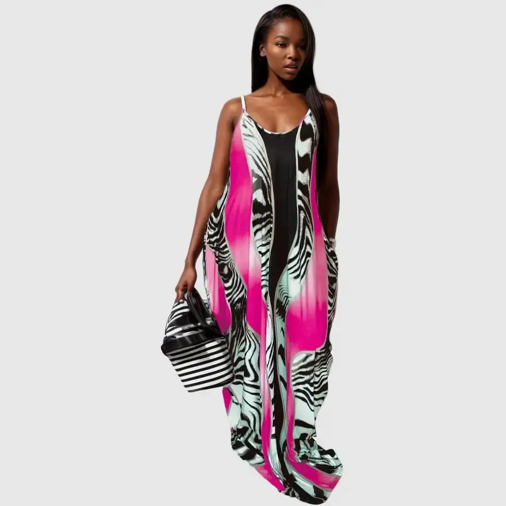 Women Plus Size Spaghetti Strap Printed Dress with Pockets