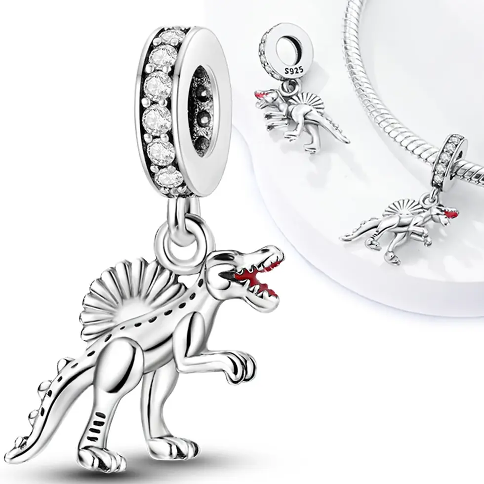 Thumbnail: Sterling Silver Animal Charm Beads Dinosaur Lion Wolf Tiger Rabbit Pendant