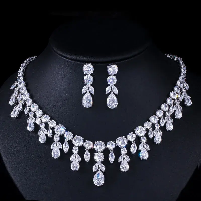Thumbnail: Luxury Dark Blue Big Dangle Drop Bridal Necklace Earrings Jewelry Sets