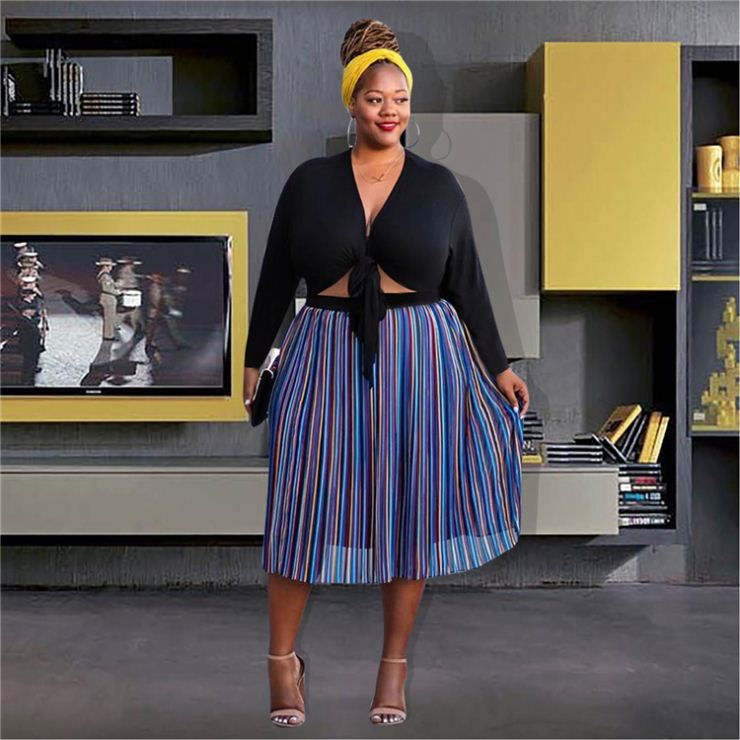Thumbnail: Long Sleeve Mesh Striped Black Tie Top Casual Plus Size Dress