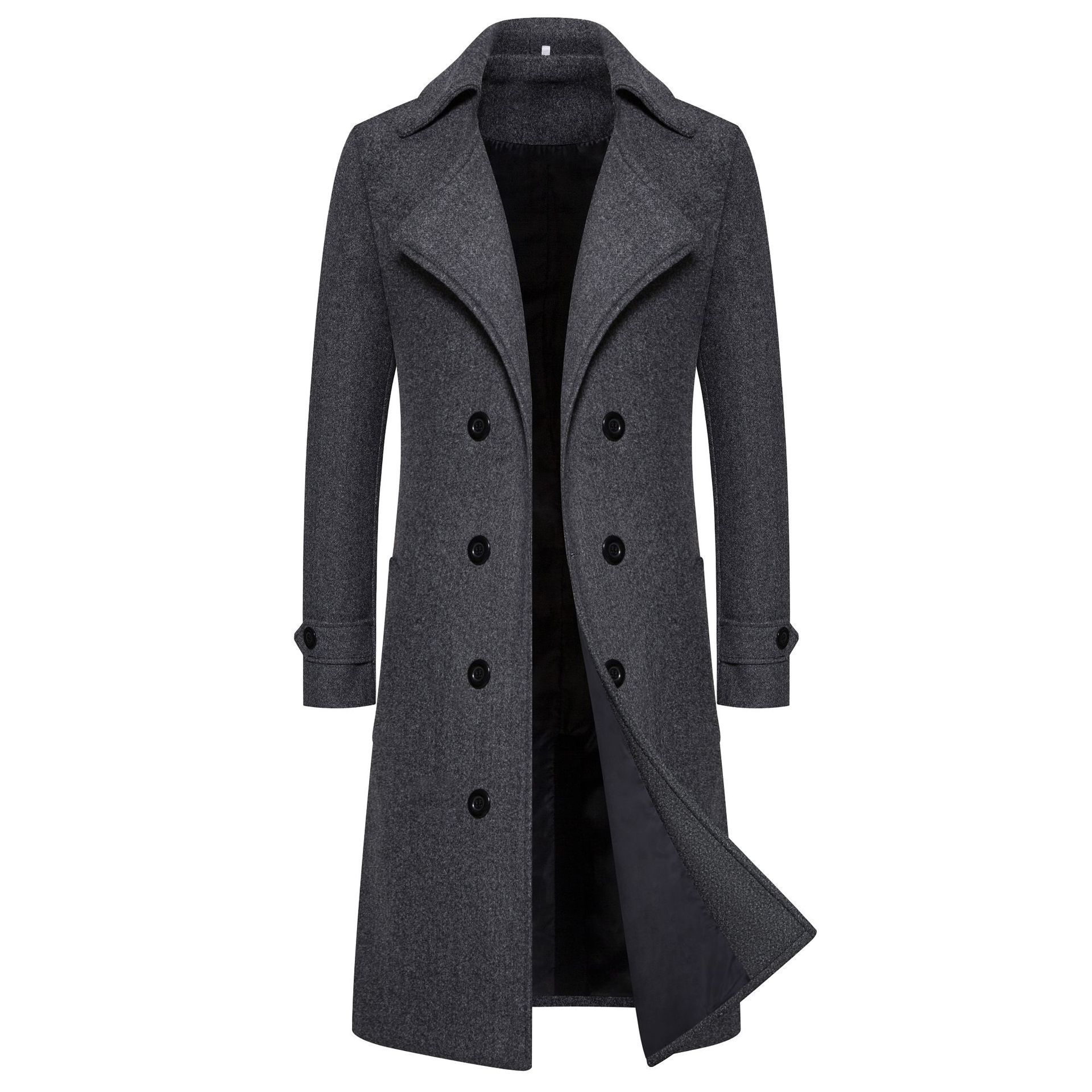 Men’s Long Woolen Trench Coat Double‑Breasted Turn‑Down Collar Jacket