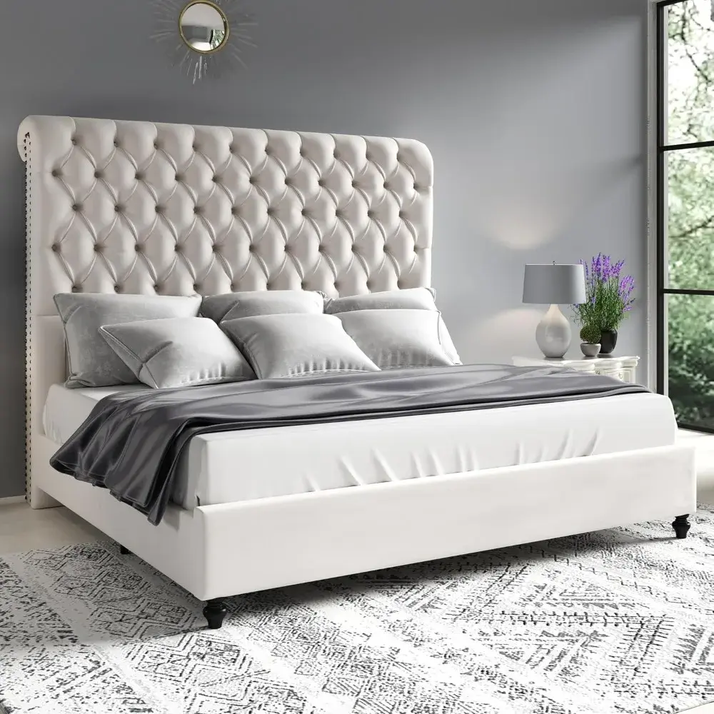 Queen Size Velvet Upholstered Platform Bed Frame with 60" Sleigh Headboard
