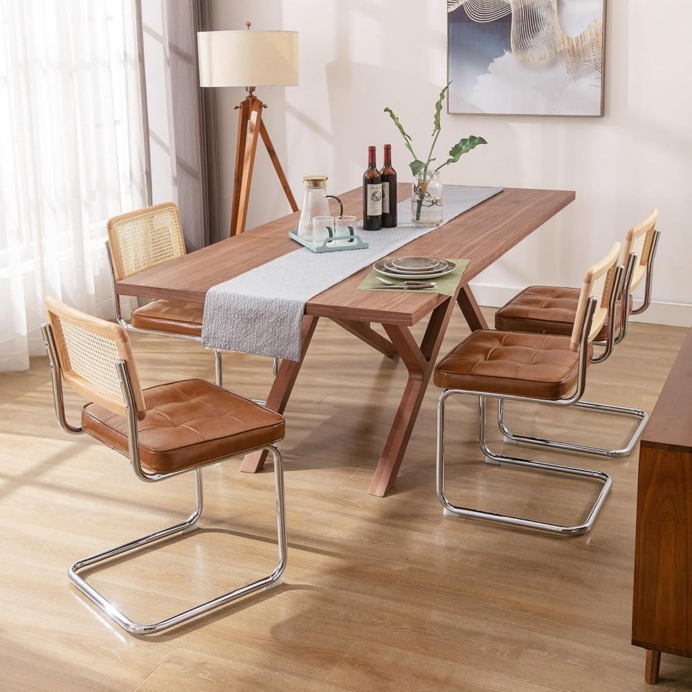 Natural Rattan Dining Chairs Set of 4 with Solid Wood Frame